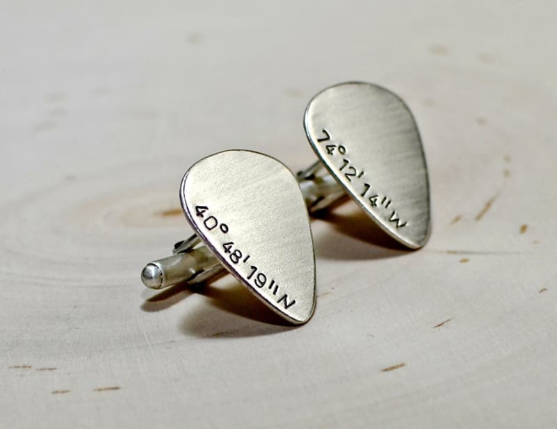 Sterling silver coordinate guitar pick cuff links with latitude and longitude image 1