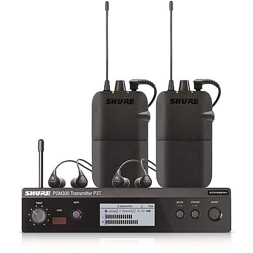 Shure PSM 300 Twin Pack Wireless In-Ear Monitor Kit, Includes P3T Transmitter, 2x P3R Receiver and 2x SE112 Earphones, H20: 518 - 542MHz, Black  			