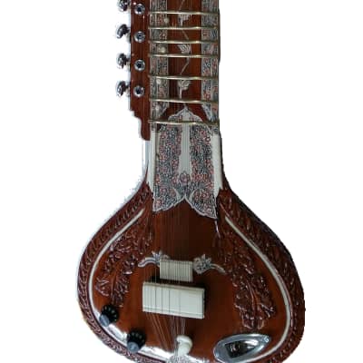 Ravi Shankar SITAR with Reinforced Neck. Acoustic Electric Fusion Sitar-Guitar in Dark Cedar Finish image 2