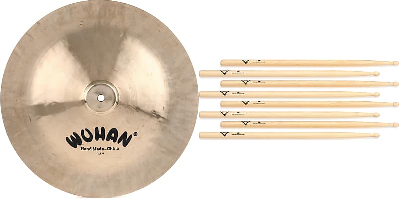 Wuhan 16 inch China Cymbal  Bundle with Vater Hickory Drumsticks 4-pack - 5B - Wood Tip image 1