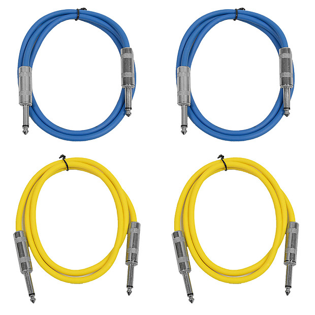 Seismic Audio SASTSX-3-2BLUE2YELLOW 1/4" TS Male to 1/4" TS Male Patch Cables - 3' (4-Pack) image 1