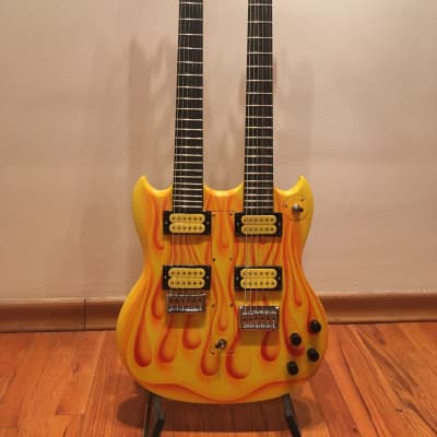 Custom Made 6 + 6 Baritone Solid Body Doubleneck Guitar 2022 Yellow w/ Flames image 2