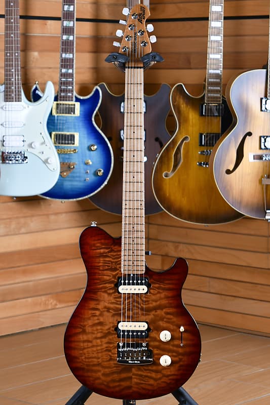 Music Man Axis Super Sport HH Tremolo Roasted Figured Maple Neck & Fretboard Quilted Amber image 1