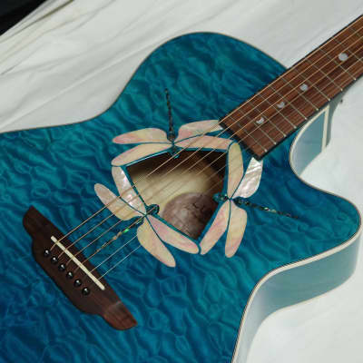 LUNA Fauna Dragonfly Quilt Maple acoustic electric GUITAR new Trans Teal Blue image 3