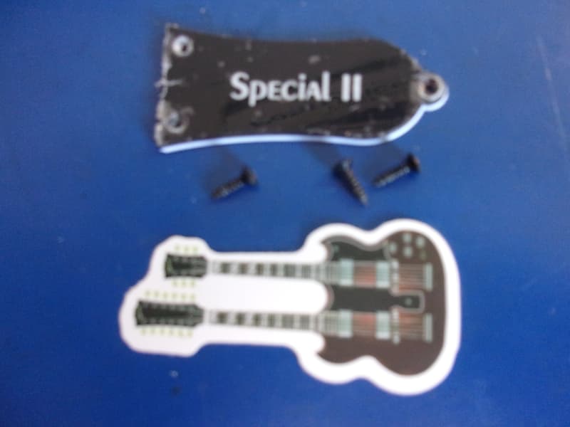Epiphone Lot of Les Paul Special II Truss Cover with protective plastic cover and 3 x screws plus a double neck guitar decal image 1