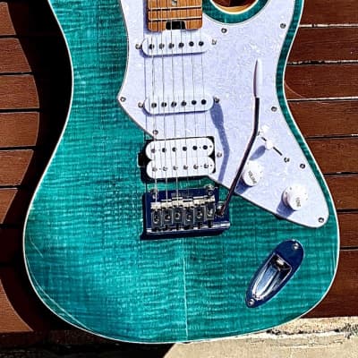 Immagine Aria Pro II 714-MK2 TQBL FULLERTON Turquoise Blue Flame Top Guitar *Demo Video Inside* - 6