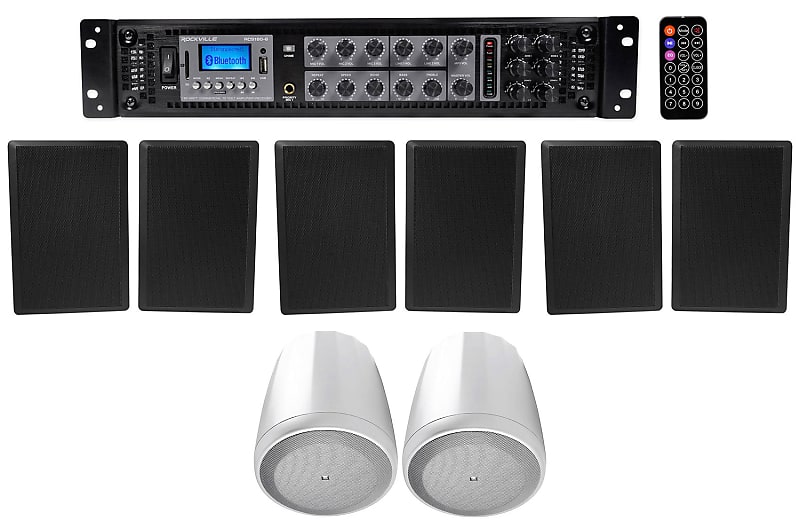 6-Zone Amp+2 JBL White Pendant+6 Slim Black Wall Speakers 4 Restaurant/Bar/Cafe  			