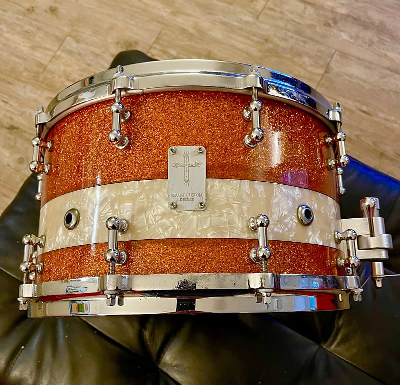 Truth Custom Drums 14x8 Maple snare Drum - Orange glass glitter/ Marine  Pearl