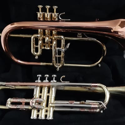 Blessing Flugelhorn & GETZEN Super Deluxe Trumpet W Combo Case & MP's - Clear Lacquer / Raw Brass image 22