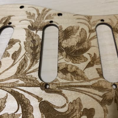 US made antique flower floral satin lacquered laser engraved wood pickguard for Stratocaster image 4