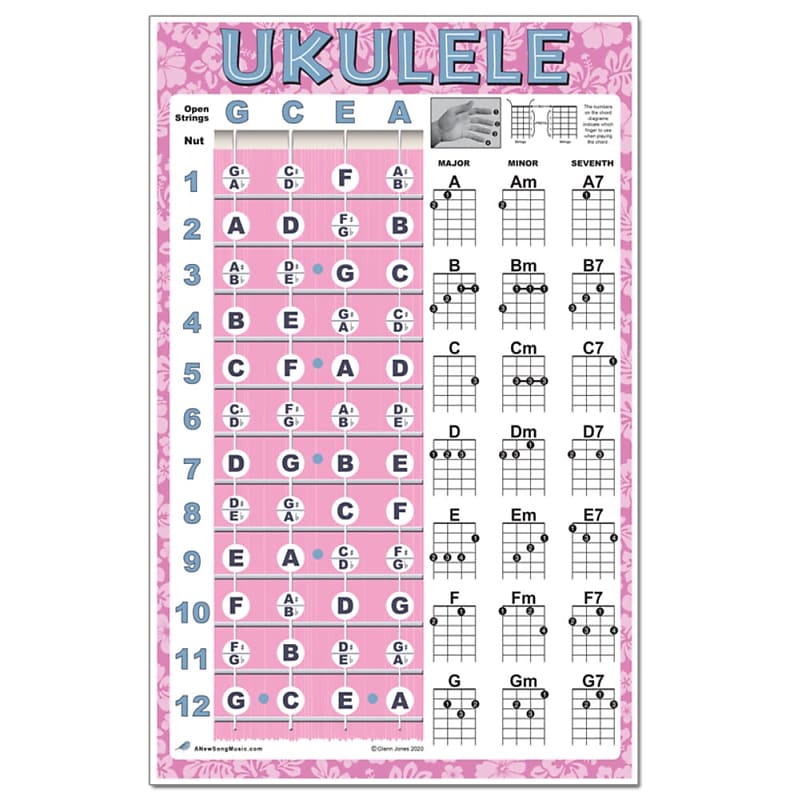 Laminated Ukulele Fretboard Notes & Easy Beginner Chord Chart 11x17  Instructional Poster for Soprano Concert Tenor Uke by A New Song Music