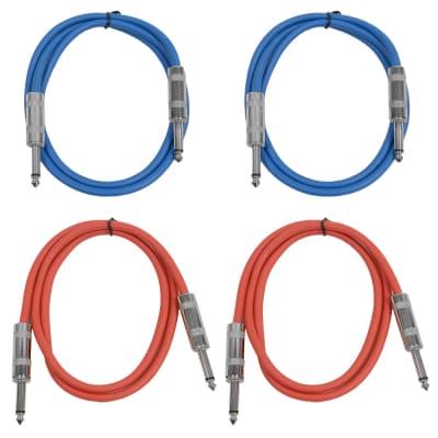 4 Pack of 3 Foot 1/4" TS Patch Cables 3' Extension Cords Jumper - Blue & Red image 1