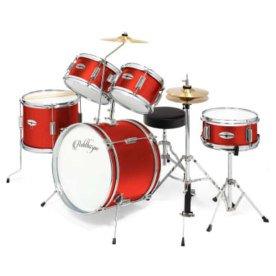 5-Piece Complete Junior Drum Set With Genuine Brass Cymbals - Advanced Beginner Kit With 16" Bass, Adjustable Throne, Cymbals, Hi-Hats, Pedals & Drumsticks - Red image 1