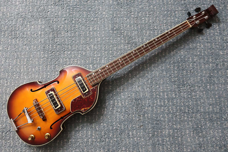 Vintage 1960s Teisco Rhythm Line Viola Violin Scroll Headstock Beatles Bass Guitar Rare Sunburst Clean Case Low Easy To Play Action Short Scale 30' image 1