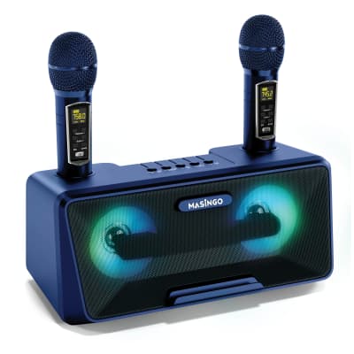 MASINGO Karaoke Machine for Adults and Kids with 2 UHF Wireless Microphones, Portable Bluetooth Singing Speaker, Colorful LED Lights, PA System, Lyrics Display Holder & TV Cable - Presto G2 Blue image 1