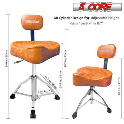 5 Core Drum Throne with Backrest Brown Thick Padded Saddle Drum Seat Comfortable Motorcycle Style Drum Chair Stool Air Adjustable Double Braced Tripod Legs for Drummers  DS CH BR REST-LVR image 2