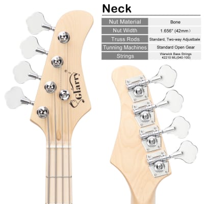 Glarry GP II Electric Bass Guitar with Wilkinson Pickup, Warwick Bass Strings, Bone Nut 2020s Burlyw image 3