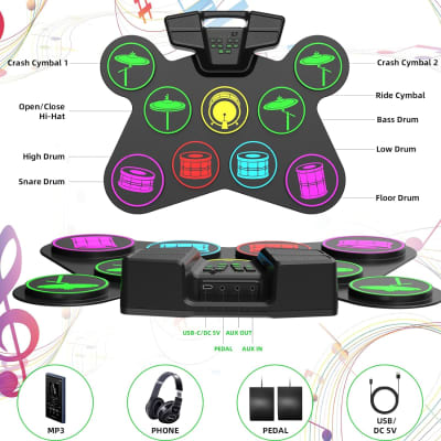 Electronic Drum Set, 9 Drum Practice Pad With Headphone Jack, Roll-Up Drum Pad Machine With Built-In Speaker Drum Pedals Drum Sticks 10 Hours Playtime, Ideal Christmas Holiday Gift For Kids image 6