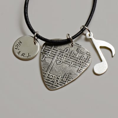 Sterling Silver Guitar Pick Necklace with Music Note and Personalized Disc Charm image 6