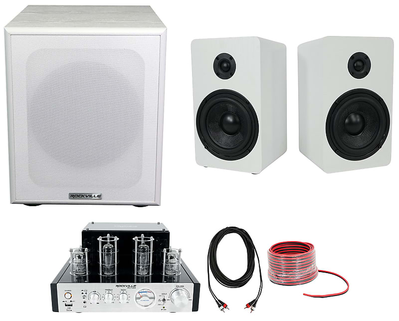 Rockville BluTube Amplifier Home Receiver+5.25" White Bookshelf Speakers+8" Sub image 1