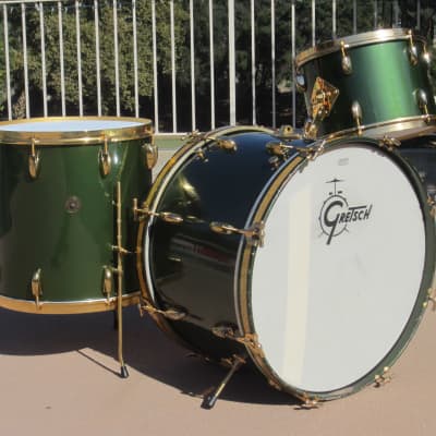 1955 Gretsch Cadillac Green, 3-ply Birdland drum set w/ gold plated hardware - Original/Excellent image 5
