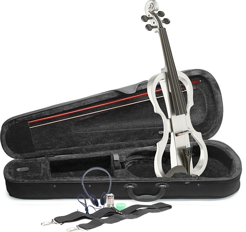 STAGG 4/4 electric violin set with white electric violin, soft case and headphones image 1