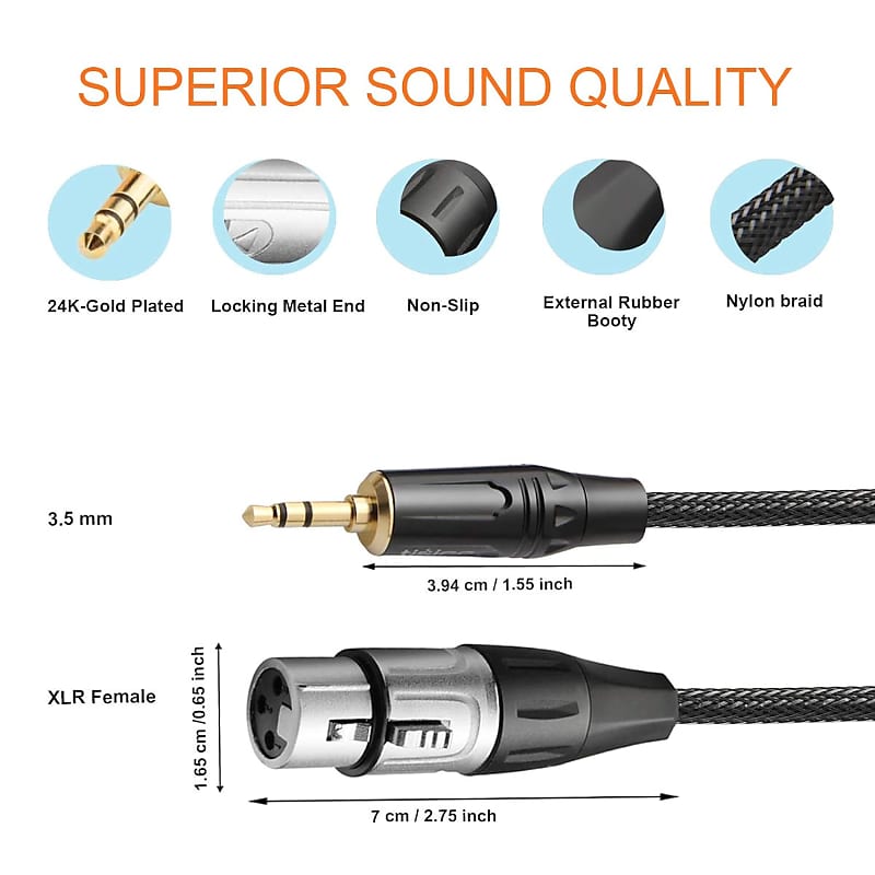 JOMLEY XLR to 3.5mm Cable, Unbalanced Female XLR to 1/8 inch Mini Stereo  Jack Aux Microphone Cable Mic Cord for Cell Phone, Laptop, Speaker, Mixer 