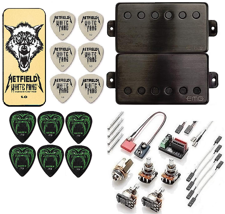 EMG JH SET JAMES HETFIELD BRUSHED BLACK CHROME STANDARD SPACED 18.7mm LONG  POTS ( 30 PICKS & 1 TIN )