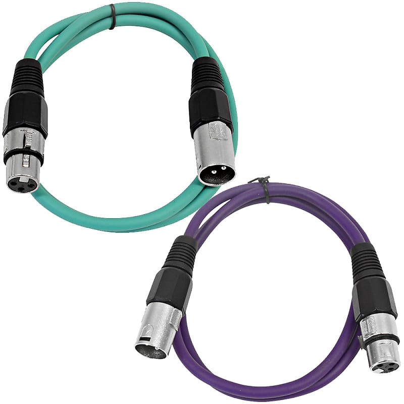 2 Pack of XLR Patch Cables 3 Foot Extension Cords Jumper - Green and Purple image 1