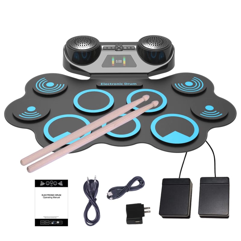 Electronic Drum Set Portable Drum Pad Roll-up Drum Machine Practice Drum  Kit With Headphone Drumsticks Foot Pedals,16 drum Sounds Tambourine Mode 7