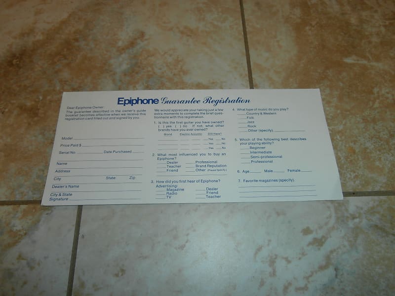 NOS Vintage Early 1970's Epiphone "Guarantee Registration" Warranty Card! Original Case Candy! image 1