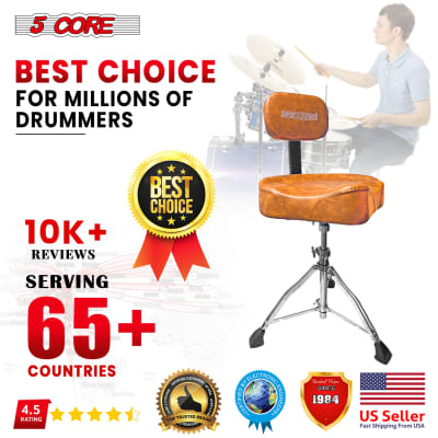 5 Core Drum Throne with Backrest Brown Thick Padded Saddle Drum Seat Comfortable Motorcycle Style Drum Chair Stool Air Adjustable Double Braced Tripod Legs for Drummers  DS CH BR REST-LVR image 19