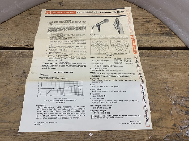 SHURE SM58 USA MICROPHONE MANUAL/PRE1980