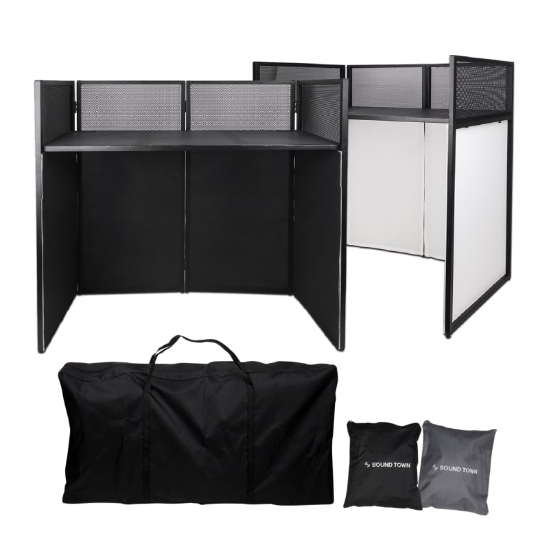 AxcessAbles Portable DJ Facade Booth with Black and White Lighting Scrims,  Carry Cases | Standing DJ Table - 40 x 20 | DJ Controller Stand 