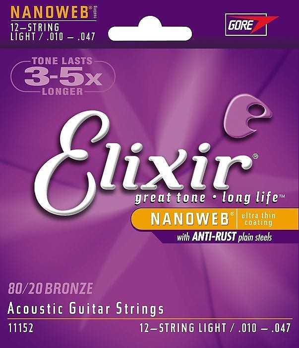 Elixir 11152 Nanoweb 80/20 Bronze 12-String Light Acoustic Guitar Strings image 1