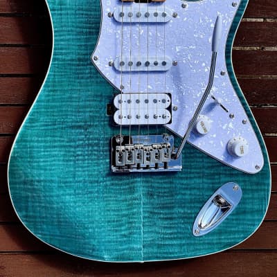 Aria Pro II 714-MK2 TQBL FULLERTON Turquoise Blue Flame Top Guitar *Demo Video Inside* image 1