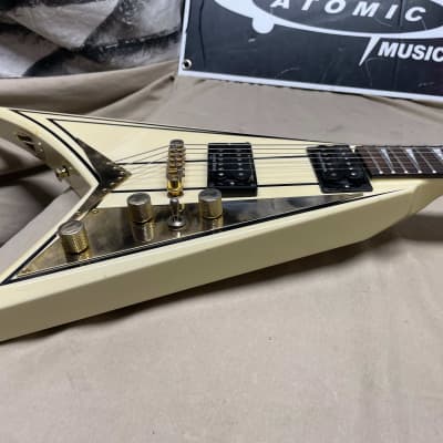 Jackson RR5 RR-5 Randy Rhoads Flying V Guitar with Case MIJ Japan maybe 1996? 2006? White/Gold/Pinstripes image 7