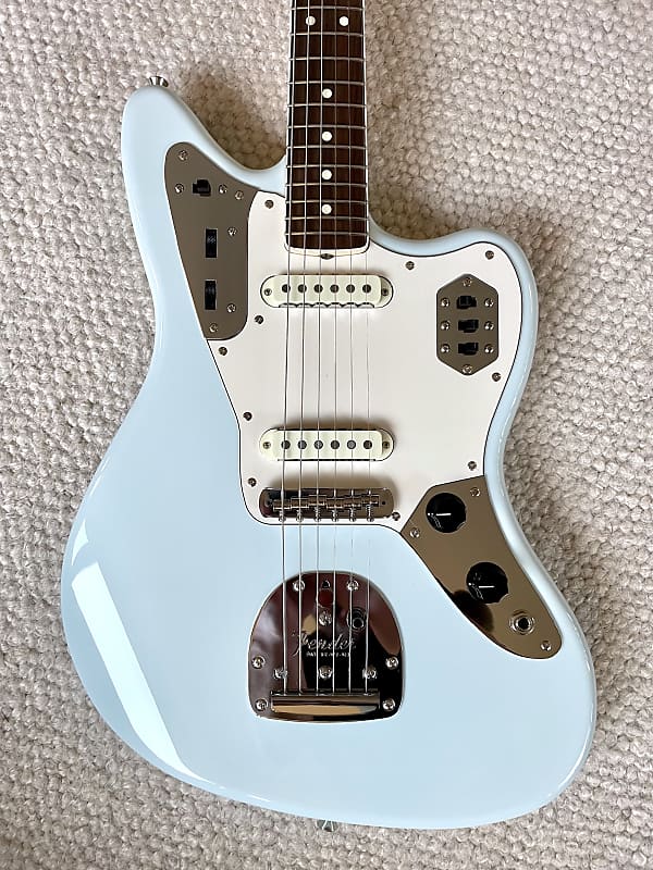 Fender Japan FSR Jaguar - Sonic Blue, matching headstock, bound neck