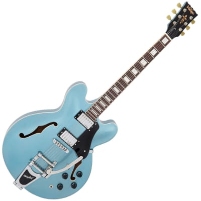 Vintage VSA500B ReIssued Semi Acoustic Guitar w/Bigsby ~ Gun Hill Blue for sale
