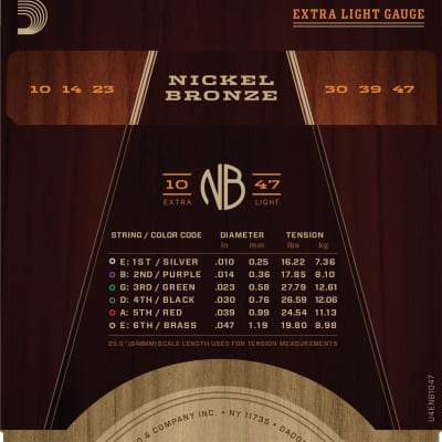 D'Addario NB1047 Nickel Bronze Acoustic Guitar Strings, Extra Light, 10-47 image 2