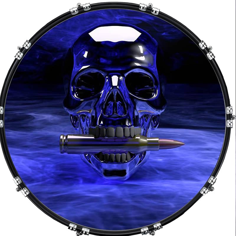 Custom Graphical 22 Kick Bass Drum Head Skin -Skull Bullet Blue