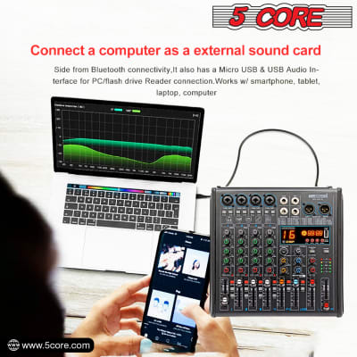 5 Core U4 Portable Mini Mixer 4 Channel Audio DJ Console with Sound Card, USB, 48V Phantom Power for PC Recording MX 4CH