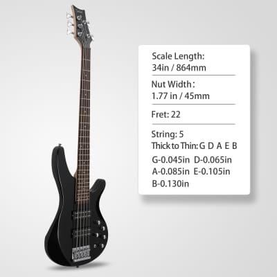 Glarry 44 Inch GIB 5 String H-H Pickup Laurel Wood Fingerboard Electric Bass Guitar with Bag and other Accessories 2020s - Black image 4