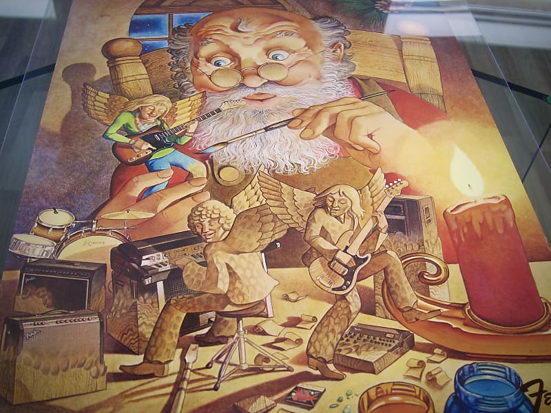 Fender Telecaster, Precision Bass, Rhodes & Twin Reverb Authentic Vintage Poster Christmas Campaign "Hark the Herald Angels Play" Artist Endicott Circa-1970's-Multi Color image 1