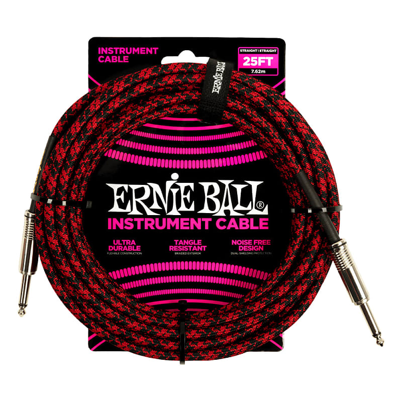 Ernie Ball Braided Instrument Cable Straight Straight 25ft - Red/Black image 1