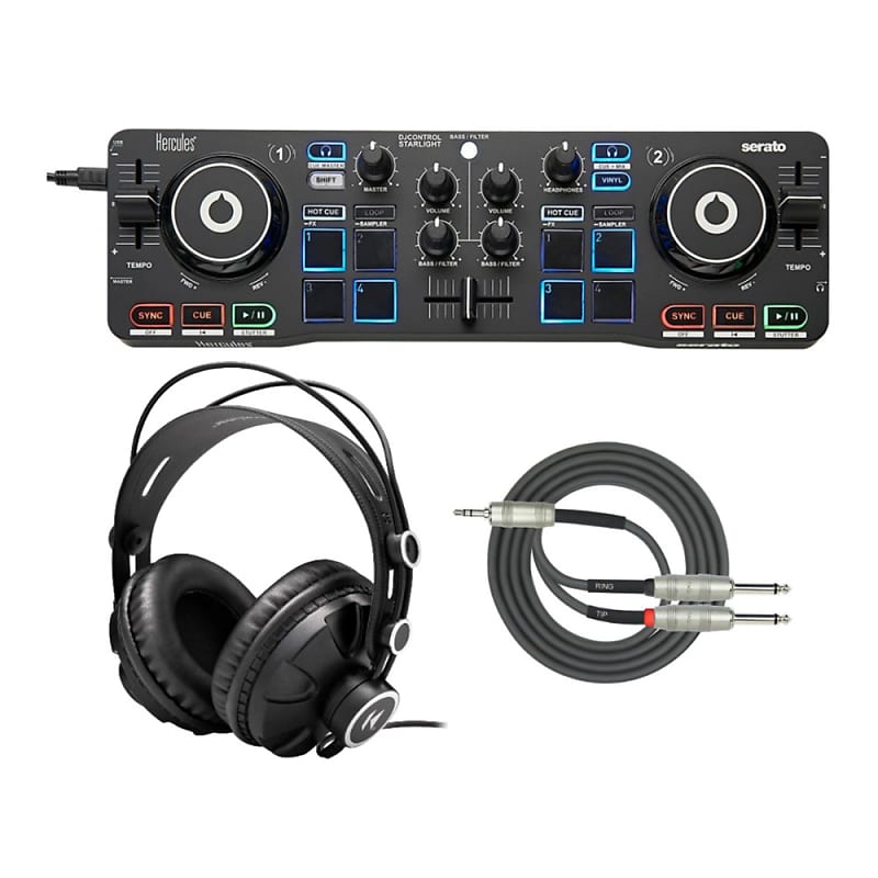 Hercules DJ Control Starlight Compact Controller with Serato DJ Lite Bundle with Closed-Back Headphones & Dual 1/4" TRS to 3.5mm Breakout Cable image 1