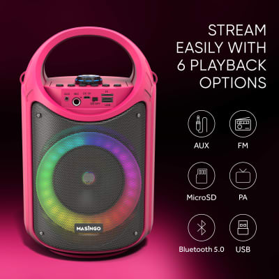 MASINGO 2023 New Bluetooth Karaoke Machine for Adults and Kids with 1 Wireless Karaoke Microphone and 1 Wired Mic, PA Portable Speaker System with LED Party Lights, Burletta C10 Pink image 7