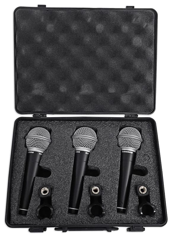 Samson R21 3-Pack Dynamic Vocal Cardioid Handheld Microphones+Mic Clips+Case image 1