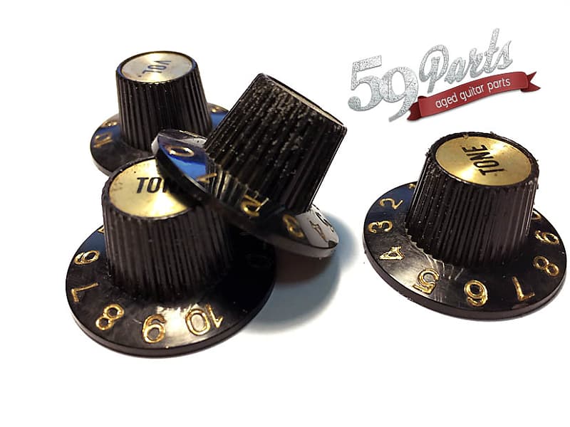 Set of 4 hand aged Gibson Witch Hat knobs black/gold, ES335, Reverb