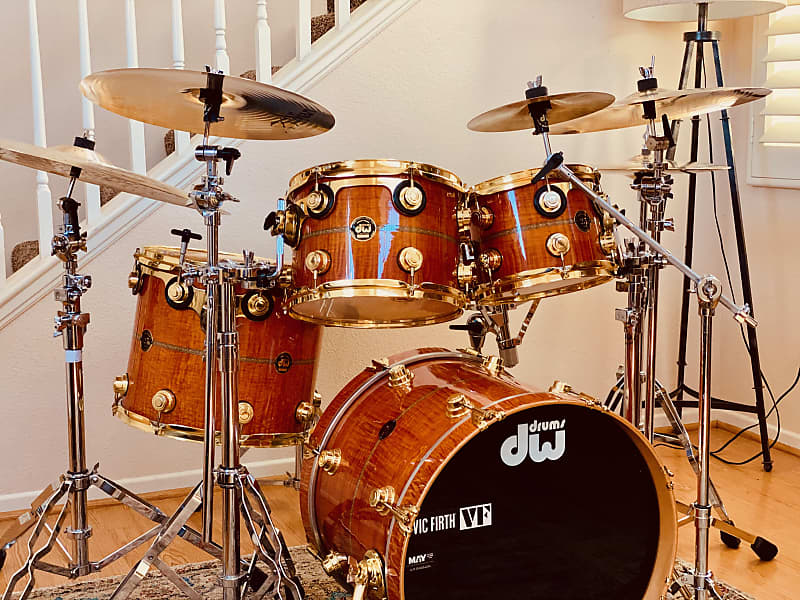 DW 25TH anniversary Anniversary Amber Lacquer Over Flame Maple 5 Piece w/snare W/MAY mic system image 1